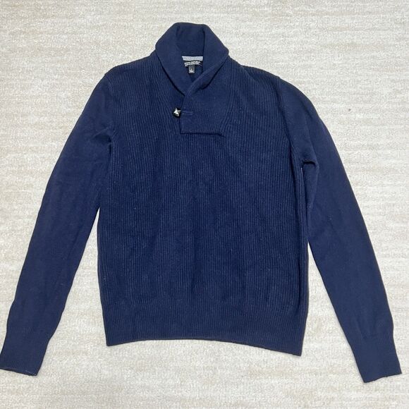 Banana Republic Mens Merino Wool Sweater Italian Yarn Shawl Navy Blue Size Large